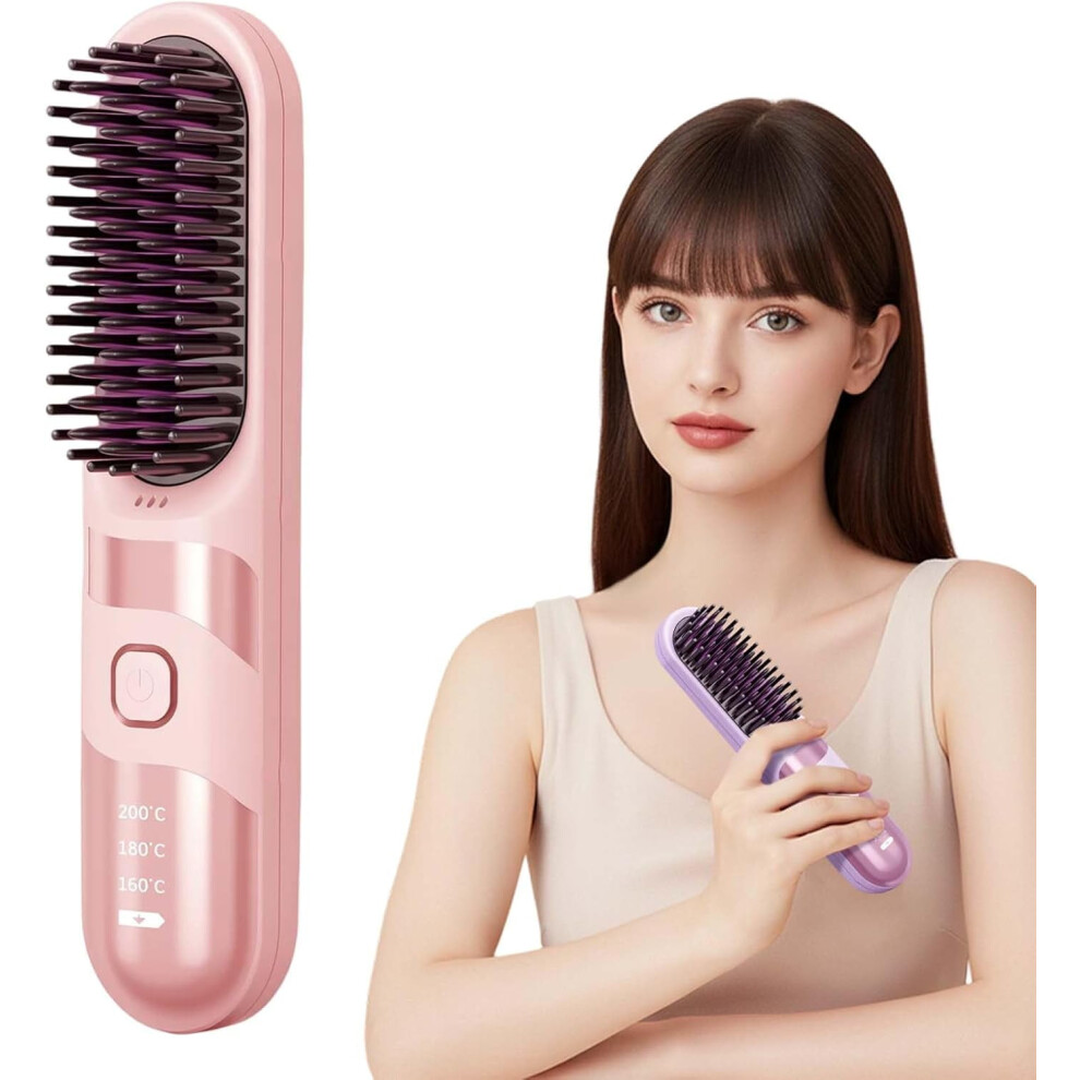 Hair Straightening Brush Ceramic LED Temp Display Pink