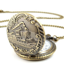 ruhuadgb 2Pcs Pocket Watch,Unisex Case Vintage Brass Rib Chain Train Pattern Quartz Pocket Watch