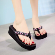 Papuci pentru femei, vară, cu imprimeu floral, flip-flops cu toc plat, flip-flops, pantofi de plajă, flip-flops pentru femei, negru39