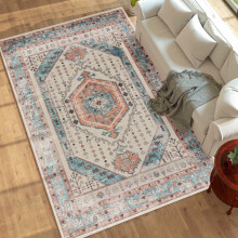 8x10 Vintage Machine Washable Area Rug - Non-Slip Carpet for Living Room, Bedroom, Dining Room, Brown and Blue