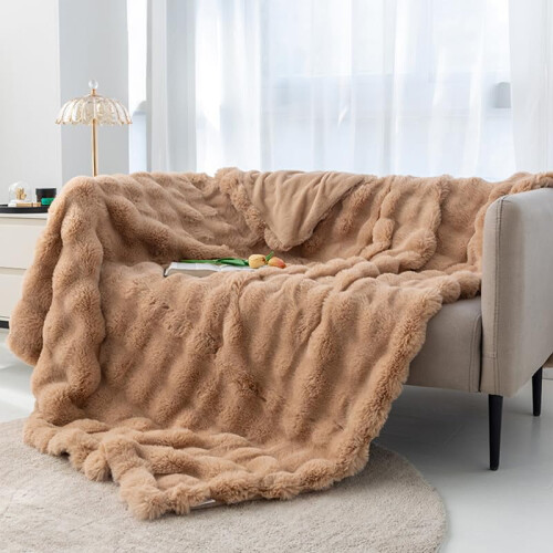 Faux Fur Throw Blanket Ribbed Jacquard Beige 52x64 Inch 1