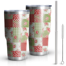 Bicchiere termico isolato sottovuoto da 887 ml (30 oz) con motivo floreale, coperchio e cannucce.