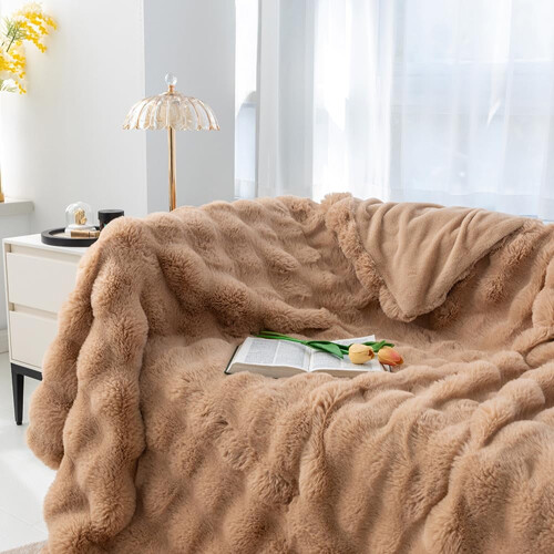 Faux Fur Throw Blanket Ribbed Jacquard Beige 52x64 Inch 2