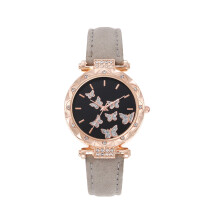 Heimdekor, Damenmode Lederarmbanduhr Elegante schlichte Schmetterlingsuhr mit schwebenden Strasssteinen Analoge Quarzuhr, Grau