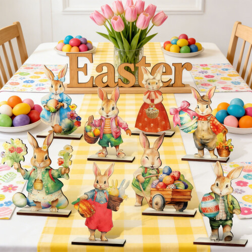 8 décorations de table en bois représentant un lapin de Pâques 1
