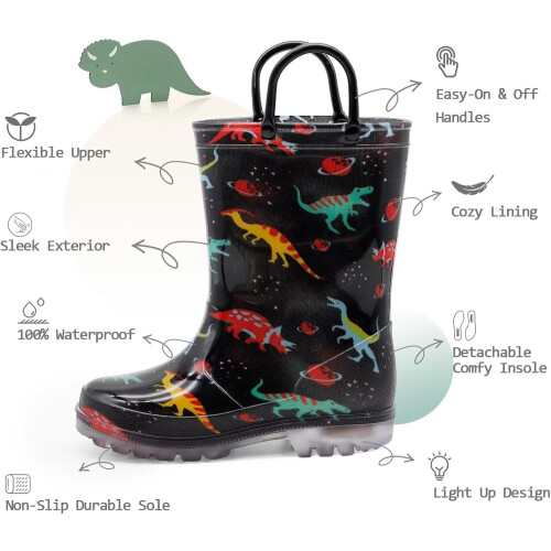 Botas de chuva infantis impermeáveis com luzes, estampas e glitter, com alças, para meninos e meninas. 1