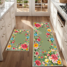 Vintage Boho Floral Bird Kitchen Mat Set of 2, Non-Slip Washable Blue Rugs (17"x30"+17"x47"), Low-Profile Home Decor