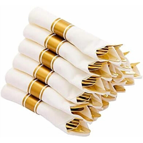 Pre-Rolled Gold Plastic Cutlery Set with Napkins 30-Pack