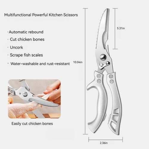 Stainless Steel Kitchen Scissors – Automatic Rebound, Multifunctional (Bottle Opener), Ergonomic Handle, Compatible with All Kitchen Tasks 2