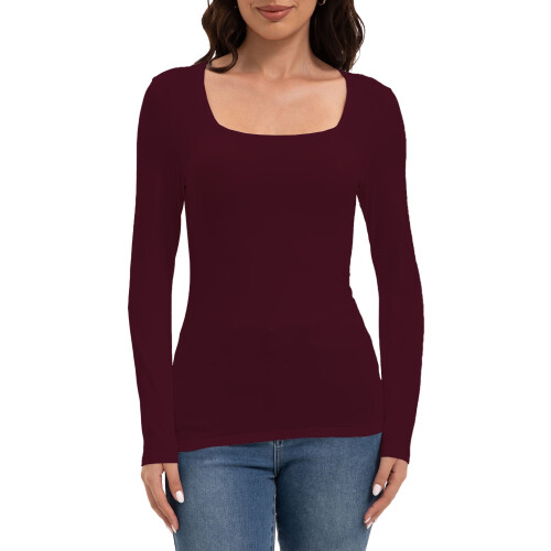 Womens Long Sleeve Square Neck Shirts Basic Slim Fit Tee Tops