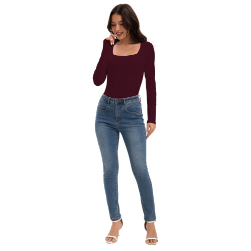 Womens Long Sleeve Square Neck Shirts Basic Slim Fit Tee Tops 2