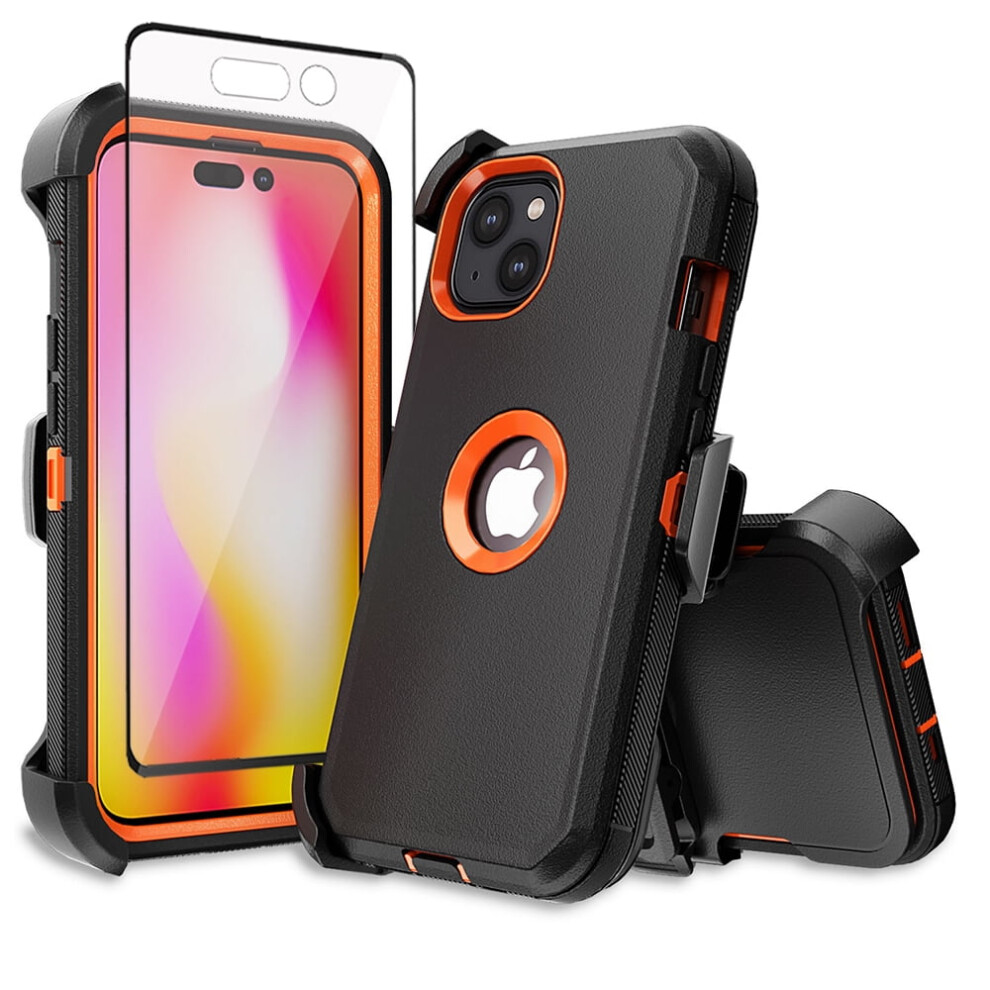 Xhy Iphone 14 Plus Case With Belt Clip, Holster, Screen Protector – Military-Grade Shockproof Armor, Detachable, 6.7", + Black/Orange 9329345943256