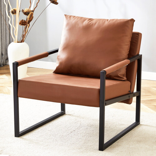 Modern PU Leather Accent Chair – Brown, Metal Frame