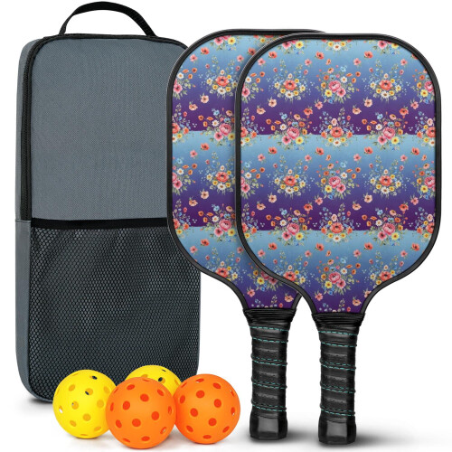 Σετ κουπιών Pickleball με κουπιά από fiberglass σε σχέδια λουλουδιών, 2 μπάλες και τσάντα –