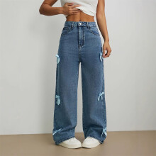 Retro-Jeans für Damen mit geradem Bein, hohem Bund, Used-Look, seitlicher Schleifenverzierung und lässiger Baggy-Passform, Größen XS-XL
