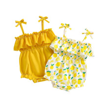Kläder för babyflicka, kläder för nyfödda, body för nyfödda, ärmlös halterneck, volang, jumpsuit med volang, gul, 6-9 månader
