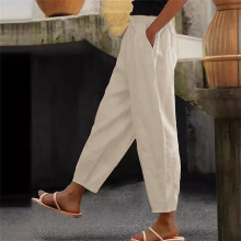 Calça feminina casual de perna reta com cintura elástica e bolsos – Tamanhos P a 5XG. Calça confortável, ideal para o dia a dia.