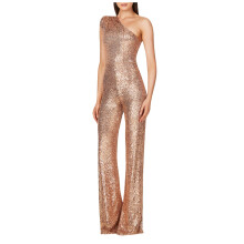Lulshou Damen-Jumpsuit mit Pailletten in Roségold, hochtaillierter, trägerloser Jumpsuit mit One-Shoulder-Ausschnitt, lässig, lang, passend für
