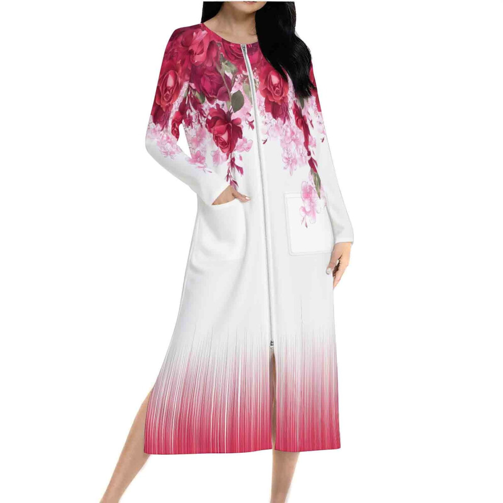 Women's 2025 Floral Pajama Dress with Pockets, Zipper Front, Long Raglan Sleeves, Double-Sided Fleece Sleepwear â S-2XL-image-OPC-PRRZSDJ-NEW