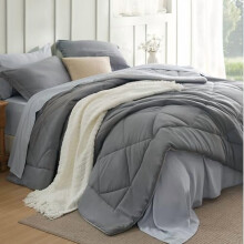 7-Pc King Comforter Set, Reversible Grey, All-Season Bed in a Bag with Down Alternative Comforter, Sheets, Pillowcases & Shams