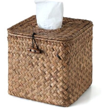 Boîte à mouchoirs carrée en tissu tressé avec couvercle, porte-mouchoirs décoratif en jonc de mer style ferme pour salle de bain/bureau, marron