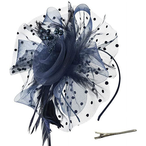 Κομψό καπέλο Fascinator με διακοσμητικά από ψεύτικο φτερό και πλέγμα, μαύρο 1