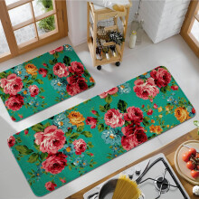 2-Piece Kitchen Mats Set – Non-Slip, Washable, Stain-Resistant, Teal Floral Rugs (17"x30" & 17"x47"), Compatible with Modern Home Decor