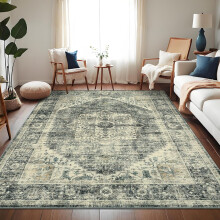 4x6 Washable Non Slip Rug Vintage Oriental Low Pile Rug Retro Medallion Floor Cover Stain Resistant Indoor Carpet Home Brown Green/ 4'x 6'