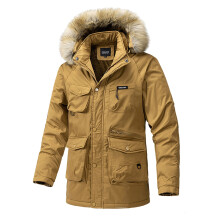 Parka masculina de inverno: à prova de vento, grossa, com capuz felpudo e zíper, além de bolsos – agasalho casual e moderno, ideal para uso
