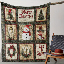 Vintage Christmas Quilted Throw Blanket – Snowman, Tree & Wreath Print – Soft Flannel, All-Season Use – Compatible with Sofa, Bed, Office, Car,