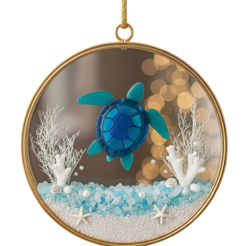 Ornamento de tartaruga de vidro do mar feito à mão com tema oceânico. 2