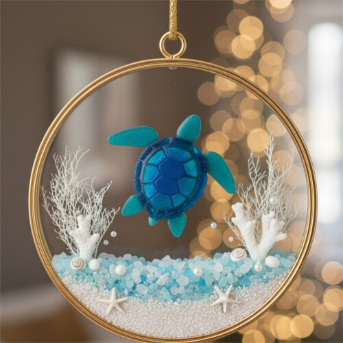 Ornamento de tartaruga de vidro do mar feito à mão com tema oceânico. 1