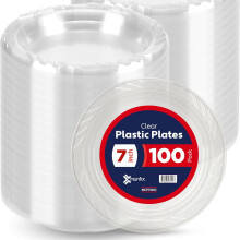 100-Pack 7" Clear Plastic Plates – Disposable, Microwavable & Recyclable for Parties, BBQ, Picnic, Travel (Compatible with Standard Dishwashers)