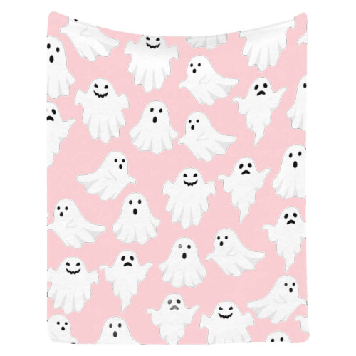 Pink Halloween fleece throw blanket with ghost design 1