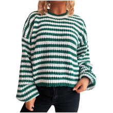 Damestribet striktrøje Løstsiddende top med rund hals Blød nylon spandex pullover Langærmet Afslappet komforttøj Sort Hvid Stribet Mønster S-XL
