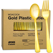 200PCS Gold Plastic Cutlery Set (100 Spoons + 100 Forks), Heavy-Duty Disposable Flatware for Catering, Weddings & Parties