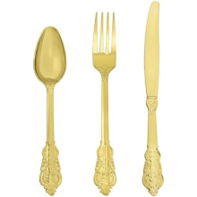 150-Pc Gold Plastic Silverware Set – Heavy Duty Disposable Cutlery (50 Forks, 50 Spoons, 50 Knives), Vintage Design for Weddings, Parties,