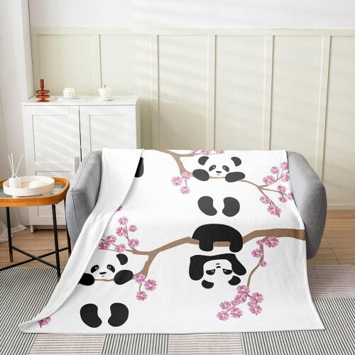 Παιδική κουβέρτα Kawaii με χειροποίητο σχέδιο Panda από fleece – Ροζ άνθη κερασιάς, 1