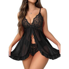Sexy spodná bielizeň s otvoreným predným volánikom, priehľadnou sieťovanou čipkou a bezdrôtovým strihom, babydoll, 2-dielne