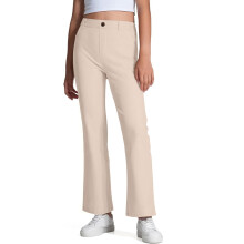 Calça escolar infantil de cintura alta, elástica e cor sólida, bege, tamanho 7-8 anos, compatível com o uniforme escolar.