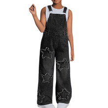 Girl Versatile Pants Star Print Denim Overalls Wide Leg Jumpsuit With Pockets Relaxed Fit Soft Daily Wear