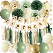 Decoración de cumpleaños en verde salvia: pancarta retro neutra, globos, papel kraft – Tema rústico botánico bohemio