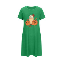 Női 2025 Halloween tökmintás plus size pizsama ruha kerek nyakú rövid ujjú kényelmes hálóing 3XL-5XL zöld