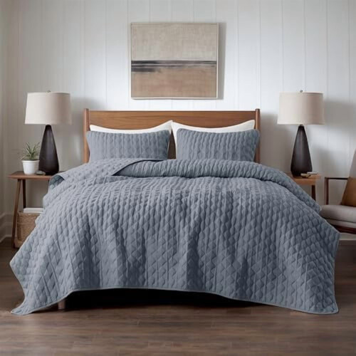 Blåt polyester quiltsæt Queen 3-delt 1