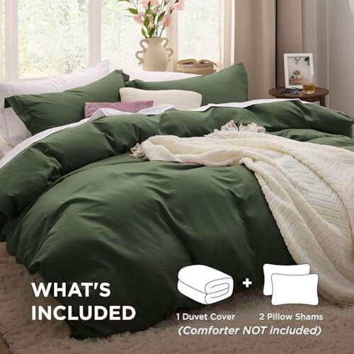 Olive Green Queen Duvet Cover Set 3 pcs Prewashed 1