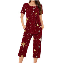 Damen-Pyjama-Set mit weihnachtlichem Cartoon-Print, kurzen Ärmeln und Caprihose, 2-teilig, weich und kuschelig, mit Knopfleiste am Hals, bequemer