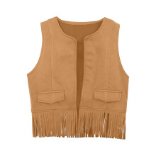Mooie jas voor meisjes, effen kleur, V-hals, mouwloos, cowgirl-vest, feesttop met kwastjes, top met zakken, ademend en comfortabel voor vrije tijd.