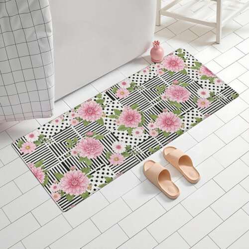 Χαλί μπάνιου Pioneer Flower Floral, αντιολισθητικό χαλάκι μικροϊνών με λαστιχένια 1