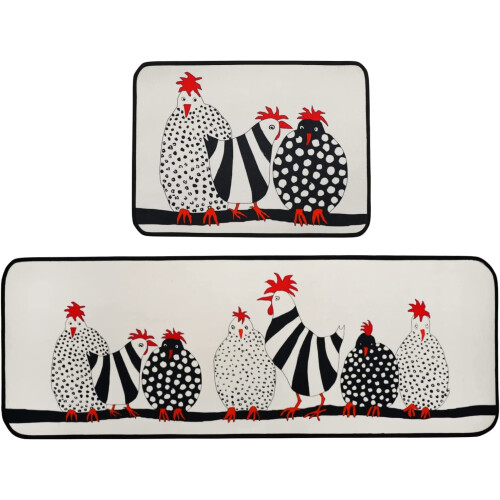 Σετ χαλιών κουζίνας 2 τεμαχίων Rooster Farmhouse, πολύχρωμα χαλάκια χαμηλού προφίλ