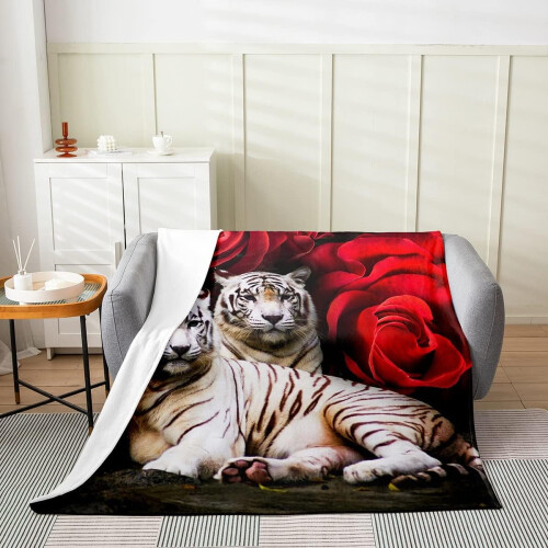 Παιδική κουβέρτα φανέλας White Tiger, βελούδινο κόκκινο τριαντάφυλλο, ριχτάρι με ζώα 1